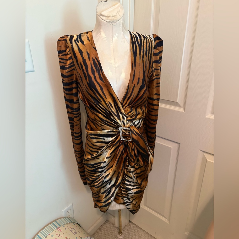 Alexandre Vauthier size 42 nwt $895 Tiger Print Dress silk/rhinestone buckle